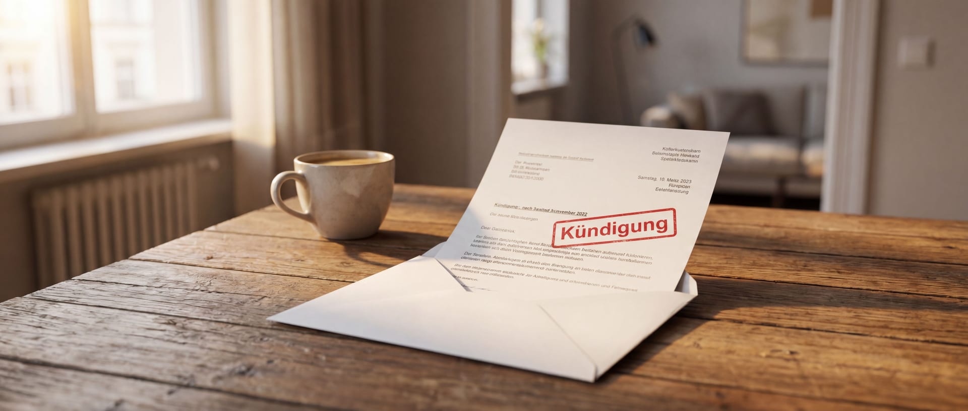 Ein offizieller Brief liegt halb geöffnet auf einem Holztisch, daneben ein Stift und ein Kaffeebecher