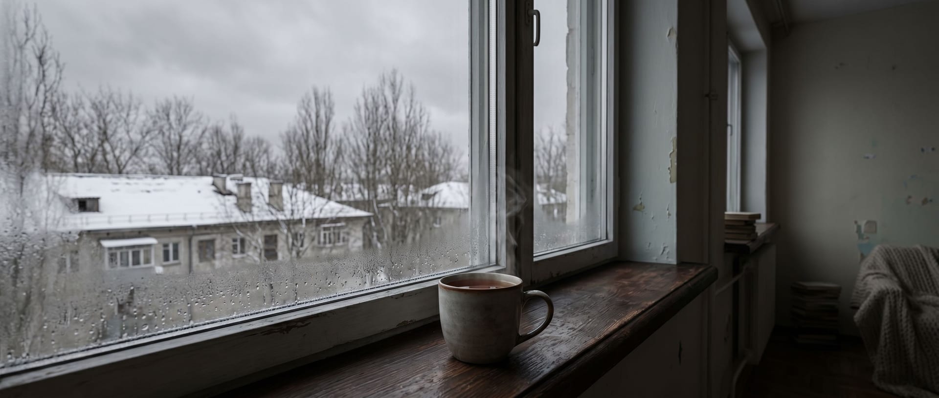 Thermostat einer Heizung mit Anzeige knapp über null Grad, daneben eine eingewickelte Person auf dem Sofa