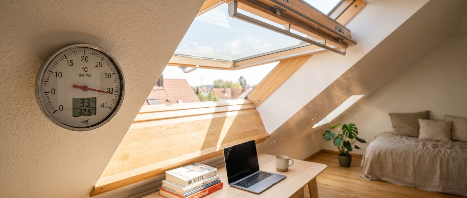 Geöffnetes Dachfenster in einer überhitzten Dachwohnung mit Thermometer im Vordergrund