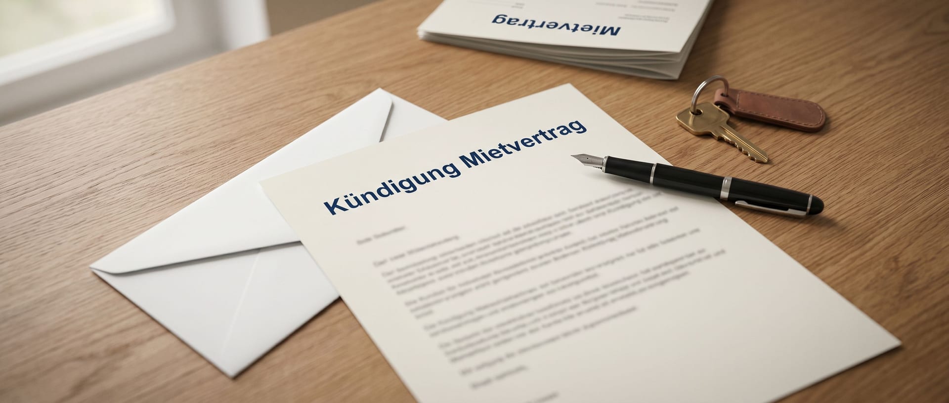Person unterschreibt ein Kündigungsschreiben an einem Schreibtisch mit Mietvertrag und Stift