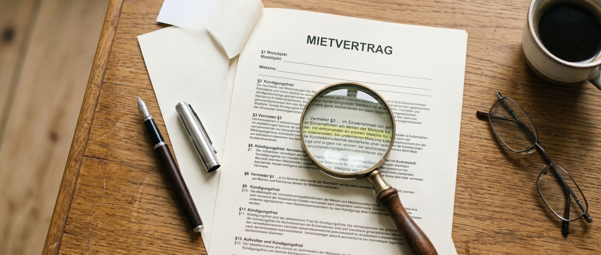 Ein aufgeschlagener Mietvertrag auf einem Holztisch, daneben eine Lupe und ein Stift