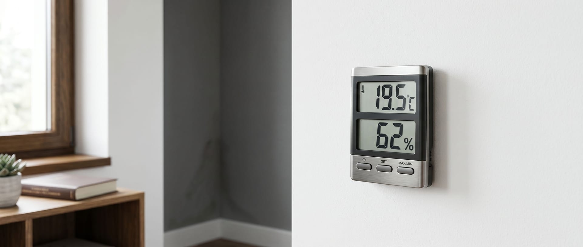 Thermometer und Hygrometer an einer Wand neben einer Fensterecke mit sichtbarem Schimmelansatz