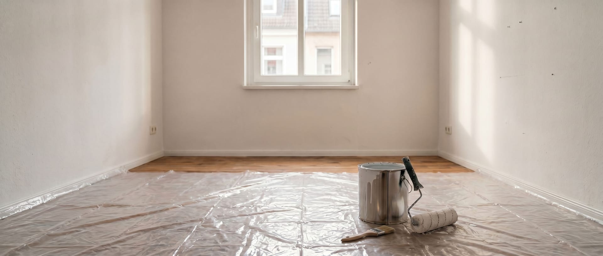 Farbroller und Farbeimer auf einem abgedeckten Boden in einer leeren Wohnung