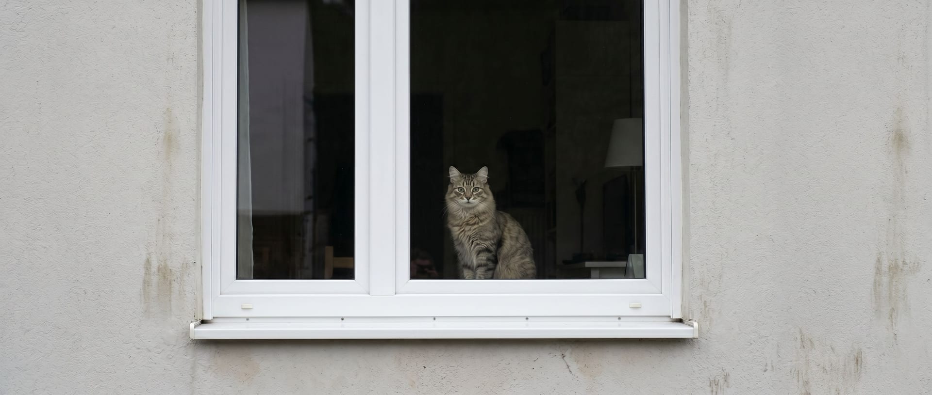 Hauskatze sitzt auf einem Fensterbrett eines deutschen Mehrfamilienhauses, von außen fotografiert durch ein weißes Kunststofffenster