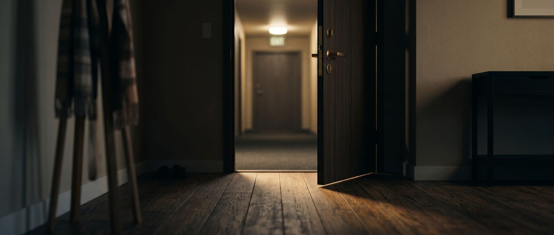 Eine leicht geöffnete Wohnungstür von innen, durch den Spalt fällt Licht aus dem Flur