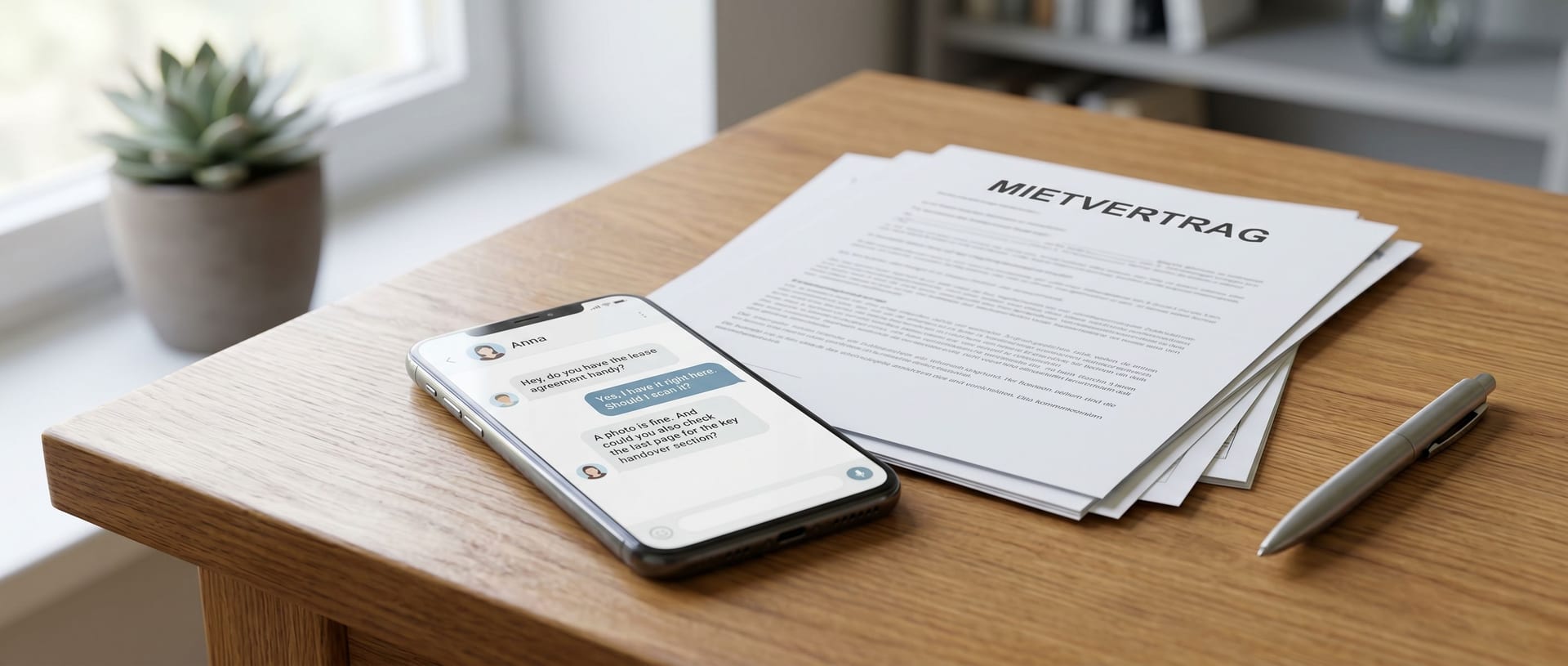 Smartphone mit geöffnetem Chat auf einem Schreibtisch neben Dokumenten und einem Stift