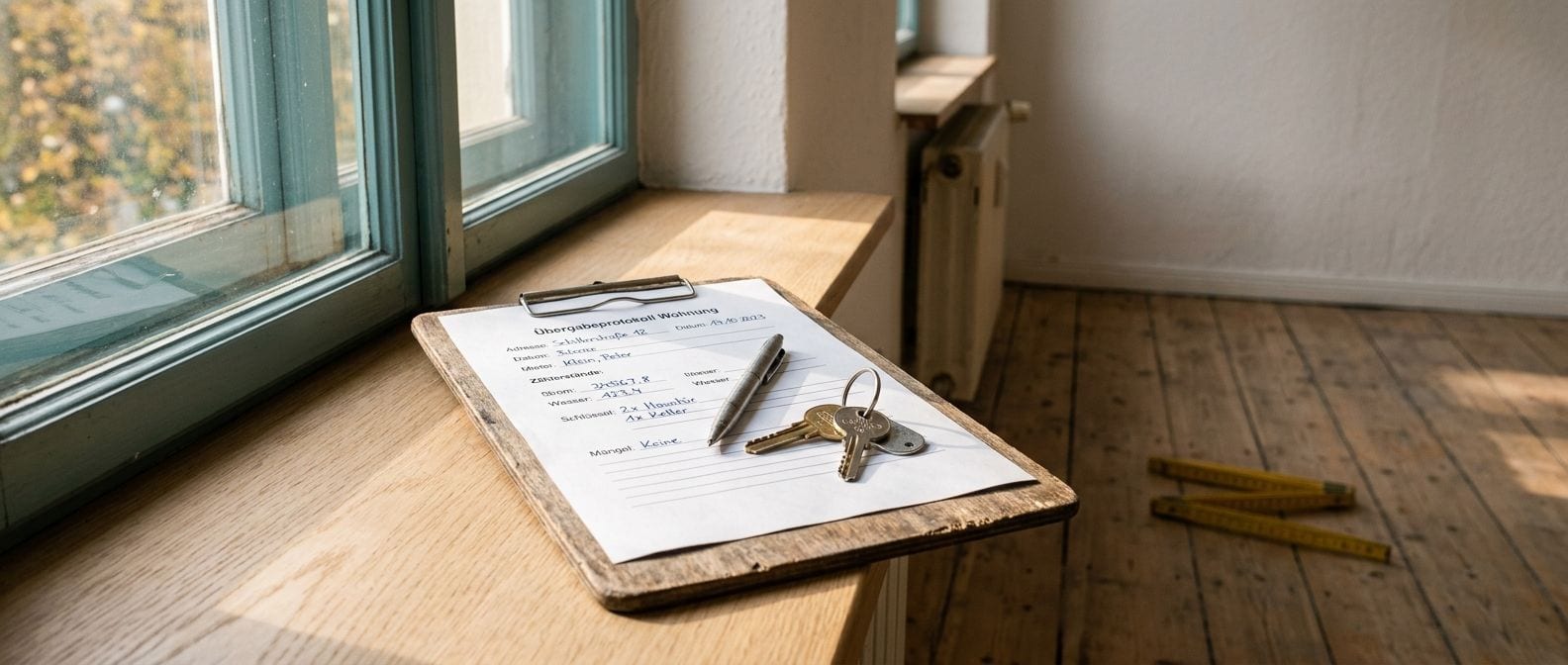 Schlüssel und Übergabeprotokoll auf einer Fensterbank in einer leeren Wohnung